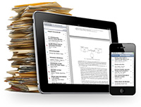 IPAD, iphone and stack of files